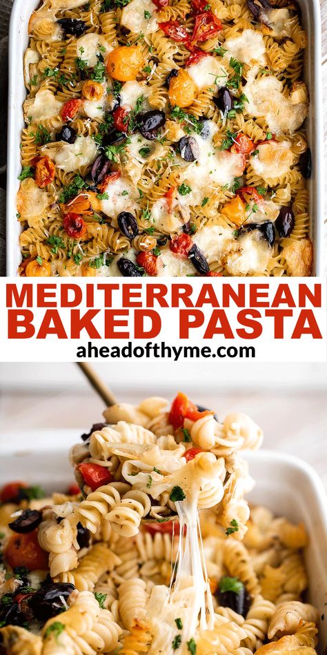 Essen, Healthy Pasta Bake Vegetarian, Metaraian Diet, Mediterranean Pasta Recipe, Pasta Recipes Mediterranean, Hearty Mediterranean Meals, Baked Mediterranean Pasta, Healthy Mediterranean Pasta Recipes, Vegiterranean Recipes Easy Dinner