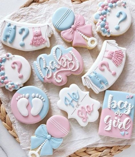 Gender Reveal Candy, Unique Gender Reveal Party Ideas, Simple Gender Reveal, Gender Reveal Cookies, Baby Gender Reveal Party Decorations, Custom Sugar Cookies, Baby Shower Sweets, Gender Reveal Party Theme, Idee Babyshower