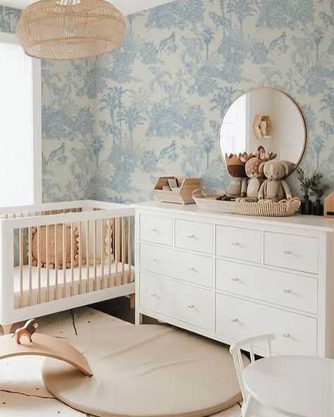 Wallpaper French Country, Toile Peel And Stick Wallpaper, Blue Floral Nursery, Farmhouse Style Nursery, Country Nursery, French Nursery, Coastal Nursery, Kids Rooms Inspo, Fun Nursery