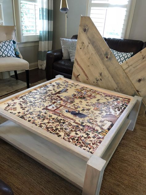 Coffee Table Puzzle Storage, Make A Puzzle Table, Diy Puzzle Table, Puzzle Tables, Puzzle Coffee Table, Puzzle Room, Diy Puzzle, Puzzle Table, Diy Puzzles