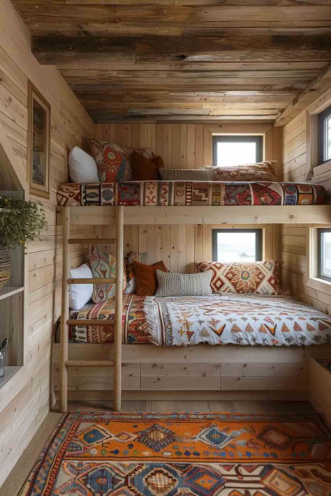 40 Amazing Bunk Room Ideas for Unique Spaces Small Bunkhouse Ideas, Tiny Cabin Bedroom Ideas, Unique Cabin Ideas, Small Cabin Bunk Room, Small Space Bunk Beds, Bunk Bed Lights Ideas, Bunkies Guest Cabin, Bunk Rooms Lake House, Built In Bunk Beds In Wall