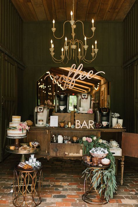 Wedding Coffee bar display | Lauren Rae Photography Reception Coffee Bar, Coffee Reception, Coffee Bar Wedding, Bar Wedding Reception, Prosecco Bar, Reception Bar, Coffee Wedding, Popcorn Bar, Home Coffee Bar