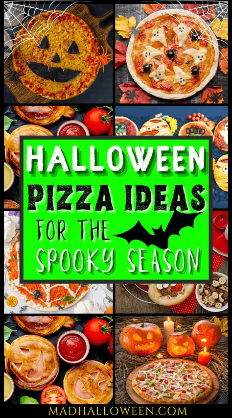 Mini Halloween Pizzas, Halloween Themed Pizza, Halloween Veggie Pizza, Homemade Halloween Pizza, Spooky Pizza Ideas, Spooky Lasagna, Spiderweb Pizza, Halloween Mini Pizza, Halloween Dessert Pizza