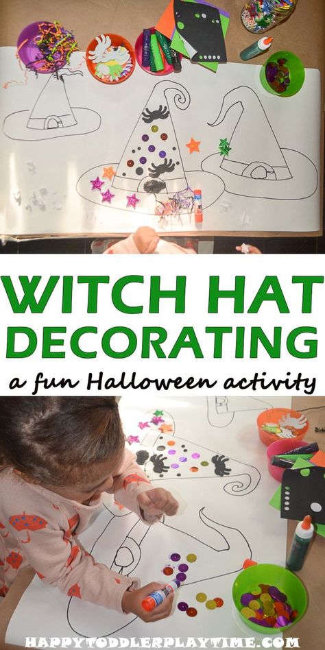 WITCH HAT DECORATION pin Witchs Hat, Halloween Activities For Toddlers, Diy Halloween Party, Halloween Lesson, Dekorasi Halloween, Halloween Crafts Preschool, Halloween Sensory, Halloween Crafts For Toddlers, Nursery Activities