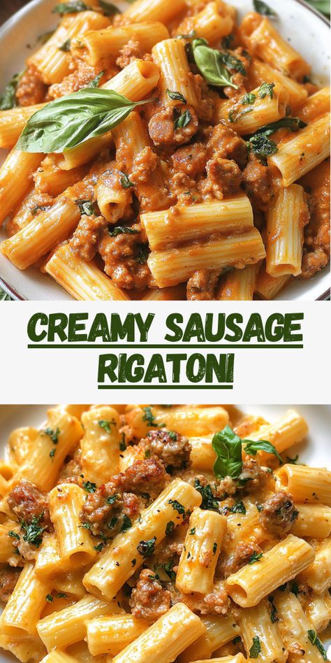 Looking for a satisfying meal? This Hearty Rigatoni Pasta with Savory Sausage and Creamy Tomato Sauce is what you need!   Ingredients:  12 oz rigatoni pasta 1 lb Italian sausage (mild or spicy) 2 cups fresh spinach 3 cloves garlic, minced 1/2 cup tomato paste 1/2 cup heavy cream 1/4 cup chicken broth 1 tbsp olive oil Salt and pepper to taste Fresh basil and grated Parmesan (for garnish) Mild Italian Sausage Recipes Dinners Pasta Dishes, Italian Sausage Rigatoni Pasta, Crumbled Sausage Pasta, Fresh Sausage Recipes Meals, Italian Chicken Sausage Pasta, Creamy Sausage Pasta Recipes, Pasta With Ground Sausage, Creamy Rigatoni Recipes, Chicken Sausage Pasta Recipes