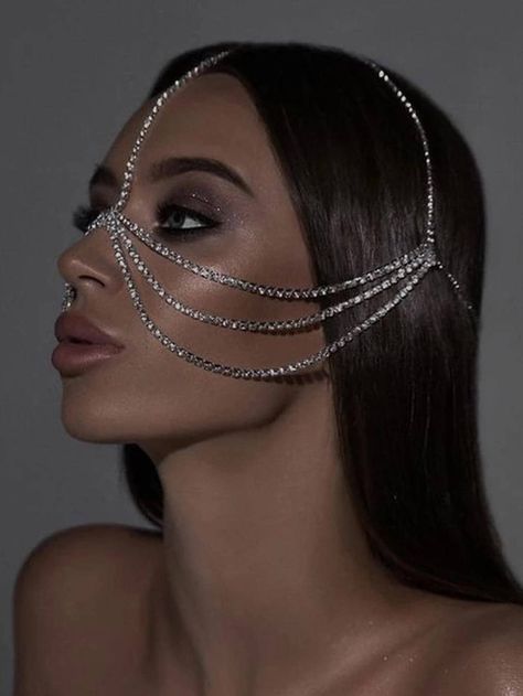 1pc Glamorous Rhinestone Decor Face Chain For Women For Party | SHEIN USA Mask Rhinestone, Wedding Masquerade, Jewelry Headpiece, Silver Masquerade Mask, Masquerade Mask Women, Head Jewellery, Face Chain, Face Jewelry, Silver Mask