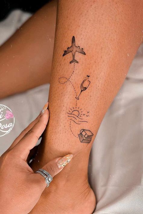 Unique & Cute Travel Tattoo Ideas For Women Tattoo Ideas Large, Unique Travel Tattoo Small, Travel Inspired Tattoos, Watercolor Bike, Travel Tattoo Ideas, Travel Tattoo Small, Globe Tattoos, Ankle Tattoos For Women, Inspired Tattoos