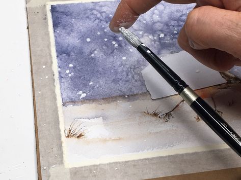 How To Splatter Watercolor Paint, How To Paint Snow Watercolor, Winter Watercolor Tutorials, White Gouache, Watercolor Splatter, Art Demo, Gouache Paint, Paint Drop, Watercolor Tutorials