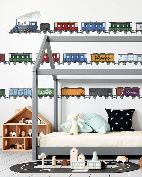 By far this is our most popular wall decal! This amazing train decal is available in 4 different sets, so you can keep adding and building your train around the room. It comes in Starter Set with the train front, coal carriage and steam cloud, then you can add on with: • Industrial Set • Food Set • Carrier Set Get one or all of them 🚂 It’s so much fun & the kids will just love it, order yours today! #walldecals #kidsroom #trainset #trainlovers #removablewallstickers Boys Train Room, Train Bedroom, Wall Decals Girls Room, Girls Room Decals, Boys Room Decals, Train Room, Kid's Bedroom, Room Decals, Bedroom Playroom