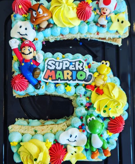 Mario Number Birthday Cake, Pokémon Number Cake, Number 5 Mario Cake, 5 Cake Number Boy, Easy Super Mario Cake Ideas, Mario Number Cake, Super Mario Number Cake, Easy Mario Cakes Birthday, Number Cakes For Boys