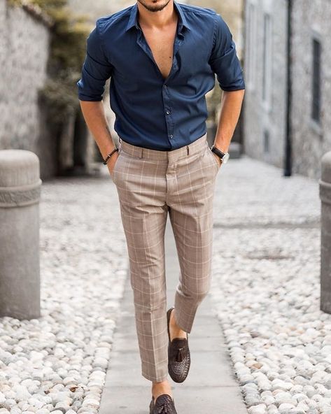 Dark Brown Loafers Outfit Men, Brown Pants Outfit Men Formal, Blue Dress Shirt Outfit Men, Dark Blue Shirt Outfit Men, Brown Shirt Outfit Men, Mens Brown Dress Pants, Brown Pants Men, Brown Pants Outfit, Dress Pants Outfits