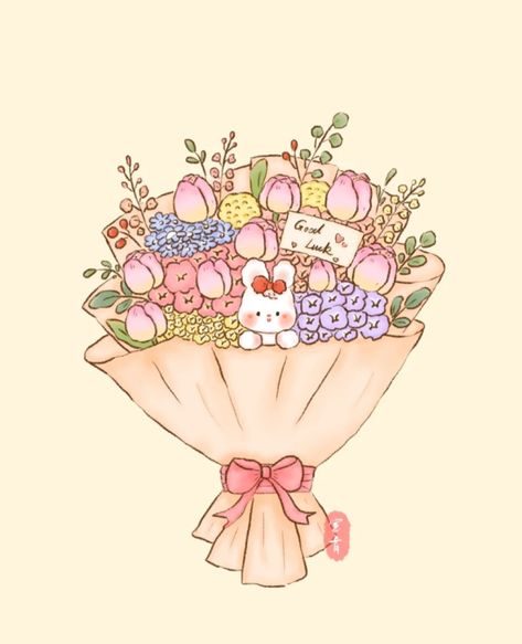 Basket With Flowers Drawing, Hanging Flowers Drawing, Kawaii Bouquet, Vase Of Flowers Drawing, Flower Drawing Bouquet, Flower Bouquet Sketch, Cartoon Bouquet, Bucket Drawing, Bouquet Drawing