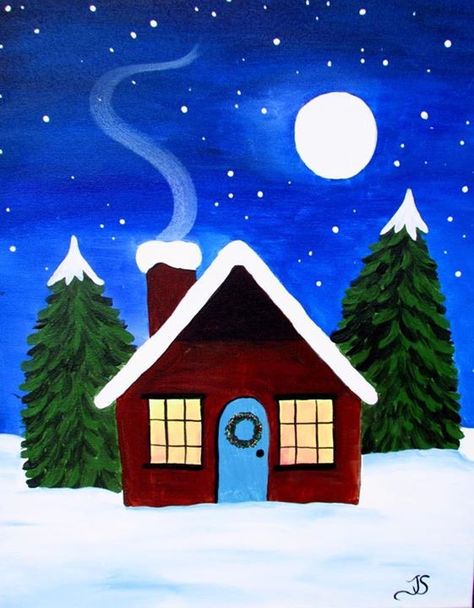 Snow Painting Acrylic Winter Scenes Easy, Winter Drawings Easy For Kids, Snow Drawing Winter, Winter Drawings Easy, Acrylic Painting For Kids, Winter Drawing, Easy Scenery Drawing, Easy Christmas Drawings, Winter Drawings