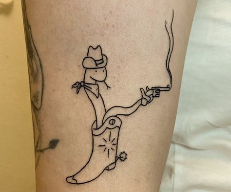 Lil Guy Tattoos, Animation Tattoo Ideas, Odd Tattoos Unique, Sleeping Tattoo Ideas, Hilarious Tattoos Ideas, Basic Line Tattoo, Snake In My Boot Tattoo, Funny Snake Tattoo, Funny Western Tattoos