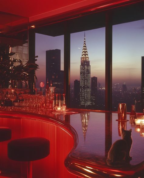 ✨🍷 Step into luxury in this stunning penthouse bar! With its rich 80s decor, dimly lit ambiance, and a mesmerizing view of the New York City skyline, it's the perfect spot to unwind. 🌆🕯️ The dark wood and marble blend seamlessly with velvet seating and vintage glassware, creating an air of opulence that's simply irresistible. 🥂✨ Don't forget to spot the charming grey cat lounging on the floor, ... New York Penthouse Luxury, Penthouse Bar, Curved Counter, 80s Chic, 80s Modern, Penthouse Luxury, New York Penthouse, Cozy Bar, 80s Decor