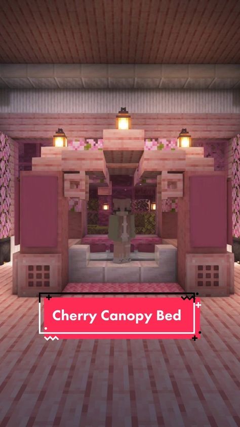 Cherry Blossom Fishing Dock Minecraft, Minecraft Bed Canopy, Minecraft Sakura House Interior, Pink Bed Minecraft, Cherry Bed Minecraft, Minecraft Cherry Interior, Cherry Blossom Room Minecraft, Cherry Blossom Bed Minecraft, Cherry Blossom Base Minecraft