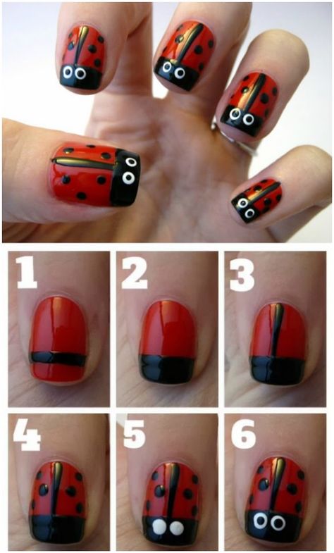 Ladybug Nail Art, Ladybug Nails, Nail Art Tutorials, Animal Nail Art, Creative Nail Designs, Simple Nail Art Designs, Nails For Kids, Diy Nail Art, Spring Nail Art