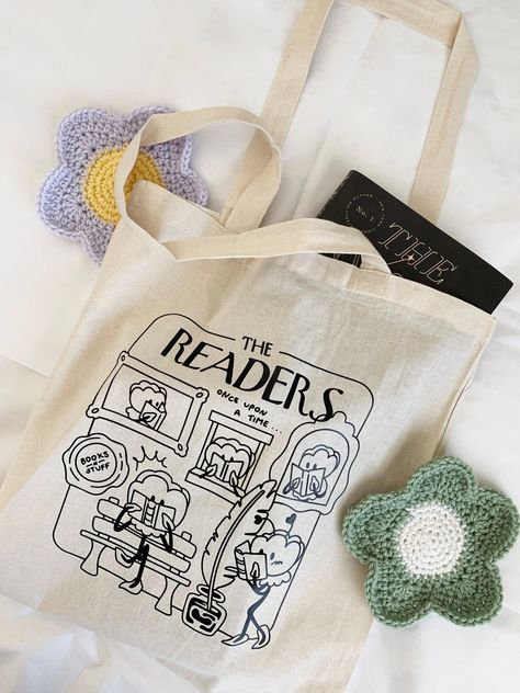 The Readers | Library Book Bag | Graphic Design Tote Bag Tote Bag Graphic Design, Cool Tote Bag Design, Cute Tote Bag Design, Tote Bag Art Design, Bag Graphic Design, Book Totes, Canvas Tote Bag Design, Tote Bag Illustration, Tote Bags Design