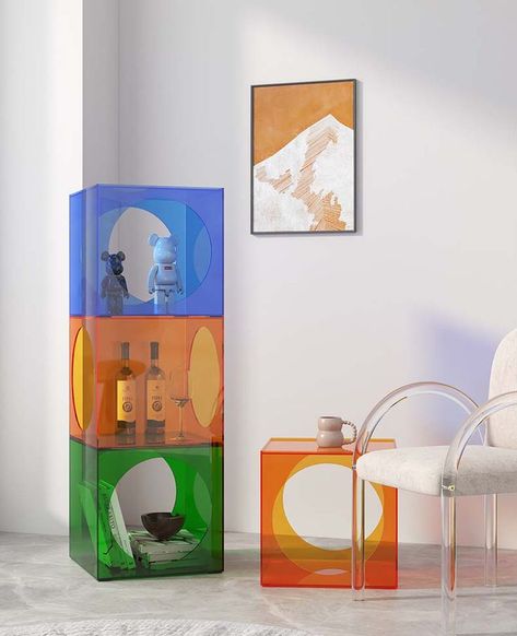 Plexiglass Coffee Table, Acrylic Furniture Design, Coffee Table Color, Acrylic Side Table, Furniture Acrylic, Modern Apartment Design, Colorful Apartment, Home Bar Design, Acrylic Coffee Table