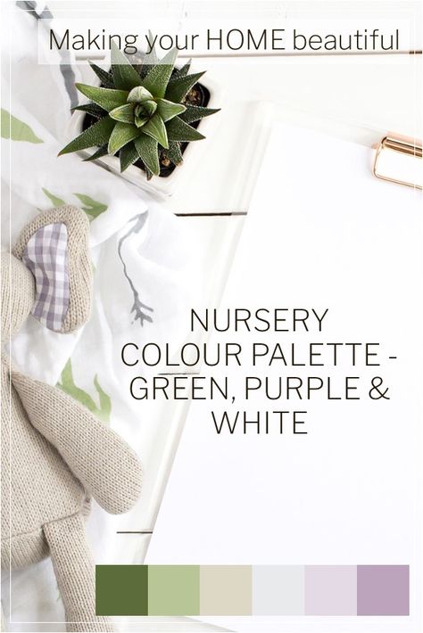 Colour palette for a Nursery Sage And Lavender Nursery, Green And Purple Nursery, Purple And Green Nursery, Lilac Baby Room, Lilac Colour Palette, Purple Interior Design, Lilac Nursery, Lavender Nursery, Nursery Decor Green