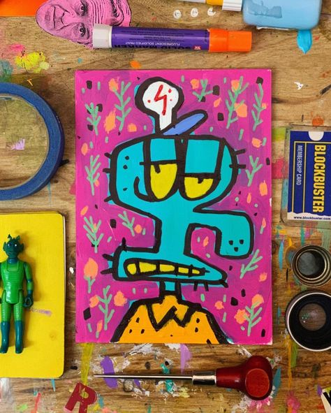 Spongebob Inspired Painting, Squidward House Painting, Bold And Brash Squidward Painting, Spongebob Canvas Painting Window, Trippy Spongebob Painting Canvases, Membership Card, Time Painting, Outsider Art, Art Style