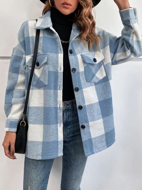 Buffalo Plaid Flap Pocket Drop Shoulder Tweed Overcoat SKU: sw2208121476280063 Tren... | SHEIN Shacket Outfit Women, Shacket Outfit, Flare Jeans Outfit, Tweed Overcoat, Magic Clothes, Tweed Outfit, Summer Outfits Kids, Women Outerwear, Blue Plaid Shirt