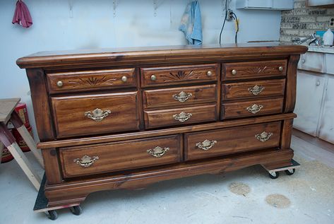 Making Dated Furniture Designs Disappear - Salvaged Inspirations 80s Dresser Makeover Before After, Painted Long Dresser, Restained Dresser, 70s Dresser Makeover, 80s Dresser Makeover, Upcycled Furniture Dressers, Cherry Furniture Makeover, Update Dresser, Old Dresser Makeover