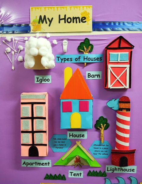 Classroom Environment Preschool, Type Of Houses For Kids Project, Evs Project For Class 1, Types Of Houses For Kids Project, Different Types Of Houses Kids Project, Ukg Class Decoration Ideas, Evs Tlm, Easy Preschool Crafts, Different Types Of Houses