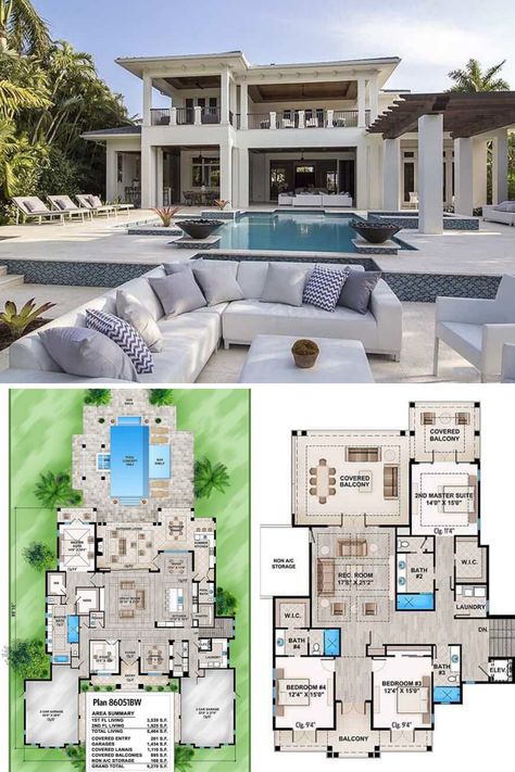 The luxurious house features a stylish outdoor living space set on the side of the swimming pool area. Find it in this 2 story southern Florida house plan with 4 bedrooms and 4.5+ bathrooms. See more of the modern and classy interior design of this tropical style home. View the full floor plan and get the blueprint at: https://www.architecturaldesigns.com/house-plans/spacious-tropical-house-plan-86051bw?cjevent=e24557a7830a11ea827804350a180511  #blueprint #floorplan #2story Private Resort, Florida House Plans, Modern House Floor Plans, Pool House Plans, House Plans Mansion, Mansion Floor Plan, Villa Plan, Modern Style House Plans, Sims House Plans