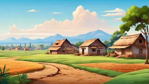 Village House Illustration, Cartoon Village Background, Village Background Indian, Cartoon Village, Medieval Landscape, Village Scene Drawing, Village Backdrop, Jungle Images, Village Background