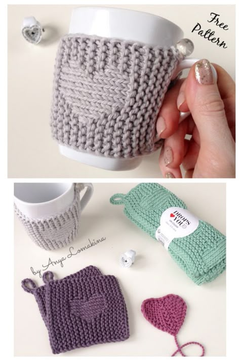 CupHeart Mug Cozy Free Knitting Pattern Knit Coffee Cozy Pattern, Cup Cozy Knitting Pattern, Knit Cup Cozy, Knit Coffee Cozy, Coffee Cozy Pattern, Cup Cozy Crochet Pattern, Mug Cozy Pattern, Cup Cozy Crochet, Mug Cozies