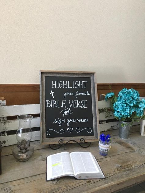 Handwritten Chalk Customized Signs. "Highlight your favorite Bible verse and sign your name" Perfect for your wedding reception Highlight Your Favorite Bible Verse And Sign Your Name, Highlight Your Favorite Bible Verse Wedding, Highlight Favorite Bible Verse Graduation, Highlight Bible Verse Wedding, Graduation Bible Signing, Highlight Your Favorite Bible Verse, Bible Highlighting, Wedding Chalk, Graduate High School