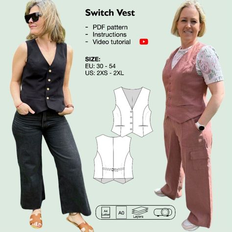 Versatile Women's Vest PDF Sewing Pattern - A Classic Waistcoat for All Occasions Vest Sewing Pattern Womens, Vest Top Sewing Pattern, Free Vest Sewing Pattern, Suit Vest Pattern, Waistcoat Pattern Sewing, Waist Coat Pattern, Vest Sewing Pattern Free, Vest Patterns For Women Sewing, Womens Vest Pattern