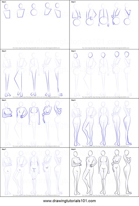 How to Draw Anime Body - Female printable step by step drawing sheet : DrawingTutorials101.com Figure Drawing Tutorial, Drawing Anime Bodies, Body Female, Human Body Drawing, Anime Body, How To Draw Anime, Drawing Female Body, Drawing Hands, Drawing Hair