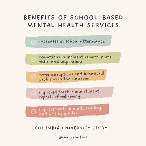 So many benefits of having mental health services available in schools! ⁠ #schoolcounseling #schoolcounselor #schoolcounselorsofig #schoolcounselorsofinstagram #iteachtoo ⁠ #mentalhealth #mentalhealthmonth #mentalhealthawarenessmonth Counselor Keri, Mental Health Month, School Attendance, Back To School Checklist, School Checklist, Mental Health Awareness Month, Mental Health Services, University Studying, School Counselor