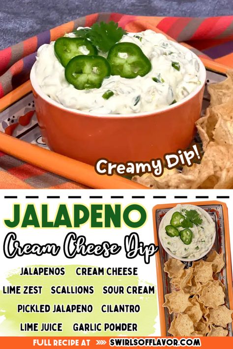 Jalapeno Cream Cheese Dip combines two types of jalapenos in a creamy dip with a hint of zesty lime flavor! This diip is made with cream cheese and sour cream making it extra creamy! Perfect for entertaining! Sour Cream Jalapeno Dip, Jalapeno Cream Sauce, Jalapeno Dip Recipes, Jalapeno Cream Cheese Dip, Jalapeno Cream Cheese, Creamy Jalapeno Dip, Cream Cheese Recipes Dip, Cream Cheese Appetizer, Jalapeno Dip