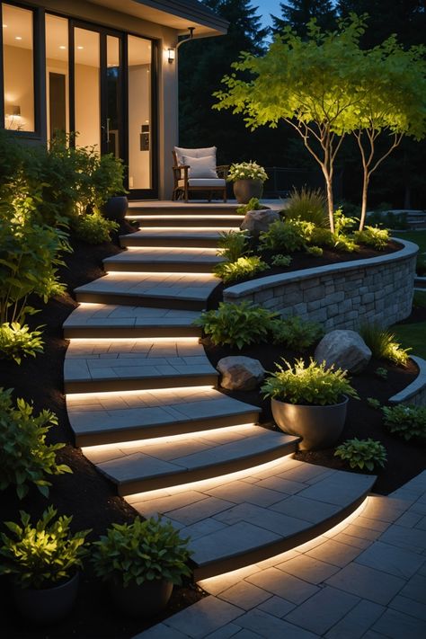 Outdoor Steps Lighting Ideas, Outdoor Front Yard Lighting Ideas, Lights For Steps Outdoor, Outdoor Steps Design, Solar Step Lights Outdoor, Modern House Lighting Outdoor, Led Patio Lighting Ideas, Paved Garden Ideas Backyard Designs, Front Garden Steps