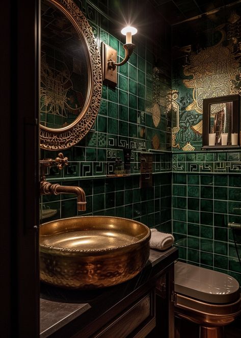 Baie Vintage, Dark Green Bathrooms, Toilette Design, Deco House, Art Deco Bathroom, Victorian Bathroom, Deco Bathroom, Bathroom Inspiration Decor, Bathroom Trends