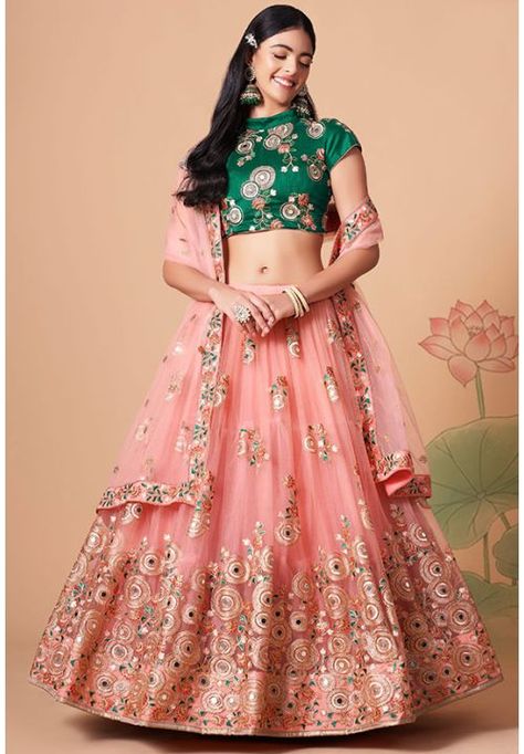 Coral Pink Embroidered Net Lehenga Choli - ZC2101 New Lehenga Choli, Peach Lehenga, New Lehenga, Lehenga Choli Designs, Indian Wedding Lehenga, Mirror Work Lehenga, Reception Lehenga, Party Wear Lehenga Choli, Net Blouses