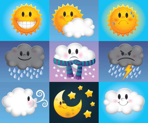 Cartoon weather symbols royalty free illustration Weather For Kids, Community Helpers Preschool Activities, Cartoon Sun, Weather Symbols, Cool Kids Rooms, Abc Activities, Cartoon Clouds, Animal Crafts For Kids, Kids Learning Activities