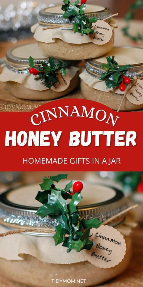 Delicious handmade food gift that requires no baking! Cinnamon Honey Butter makes a beautiful gift in a jar when paired with homemade bread or pound cake. You'll have a delicious gift from the heart that took less than an hour to make from start to finish! Get the easy recipe + gift jar tutorial at TidyMom.net Natal, Pound Cake Christmas, Homemade Food Gifts In A Jar, Gifts In Jars, Handmade Food Gifts, Baking Cinnamon, Flavored Butter Recipes, Butter Recipes Homemade, Gift In A Jar