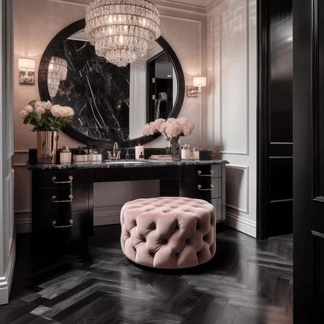 14 Inspiring Glam Makeup Room Ideas That You Need To Copy - Office And Makeup Room, Mirrored Bedroom Wall, Black Dressing Room, Black And White Dressing Room, Glam Room Bedroom Vanities, Boujee Vanity, Black Glam Desk, Glam Home Decor, Makeup Vanity Ideas