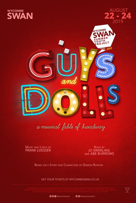 Poster for Guys and Dolls musical theatre production featuring light up and neon letters spelling out the title in a red, blue and yellow colour palette Guys And Dolls Poster, Broadway Poster Design, Stage Play Poster, Theater Poster Design, Theatre Poster Design, Dolls Reference, Guys And Dolls Musical, Shrek Musical, Broadway Poster