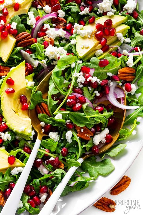 Pomegranate Salad - Wholesome Yum Pomegranite Salad, Pomegrante Salad, South African Salad Recipes, Pomegranate Recipes Salad, Thanksgiving Salad Recipes, Christmas Salad Recipes, Winter Salad Recipes, Thanksgiving Salad, Pomegranate Recipes