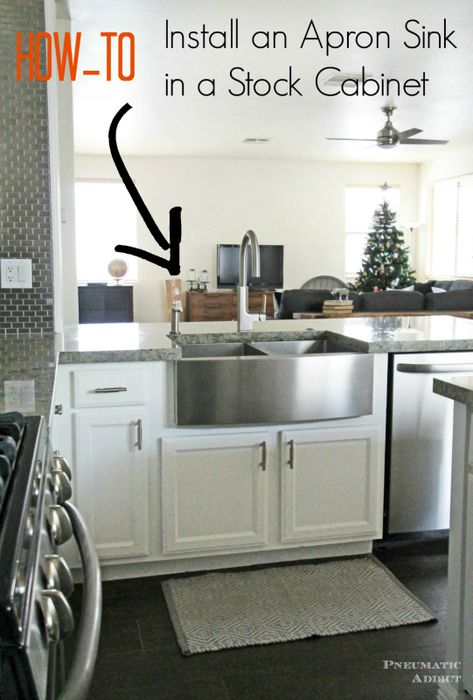 Learn how to modify a cabinet to accomidate an apron front sink Diy Kitchen Sink Cabinet, Stainless Steel Apron Front Sink, Stainless Steel Apron Sink, Stock Cabinet, Apron Kitchen Sink, Farmers Sink, Farmhouse Sink Installation, Kitchen Sink Cabinet, Apron Front Kitchen Sink