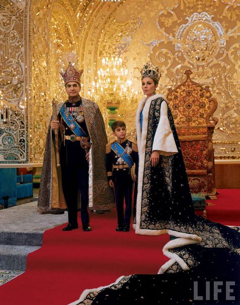 The Shah of Iran, Mohammad Shah Pahlavi, poses with his son, Prince Reza, and wife, Farah, following his coronation in 1967. Reza Shah Pahlavi, Mohammad Rezā Shāh, Reza Shah, Shah Of Iran, King Of Persia, Pahlavi Dynasty, Farah Diba, The Shah Of Iran, Persian Empire