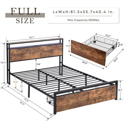 Full/Queen Size Metal Platform Bed with Storage Headboard and 2 Drawers, LED Lights Bed with Charging Station - Bed Bath & Beyond - 39152252 Shelf Headboard, Full Metal Bed Frame, Rustic Bed Frame, Steel Bed Frame, Bed With Led Lights, Led Bed Frame, Storage Headboard, Tier Shelf, Bed Frame With Headboard