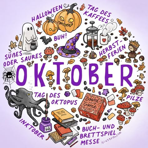 Oktober–Illustration für Bulletjournals & Kalender - illustrierte Liste im Sketchnotestil von herbstlichen Aktivitäten und Feiertagen by Illustrie.com . Inktober, Oktober, bulletdiary, BuJo, art, illustration, Dessin, Zeichnung, sketchnote, graphic recording, Monat, Kalender, Planer, Kalenderblatt, Titelblatt, Termine, Familienkalender, Jahresplaner, Tagebuch, Journal, Jahreszeit, Saison, drawing, Herbst, Laub, Kastanienmännchen, Pfifferlinge, Herbsteszeit, Halloween, Kaffee, Krake, Oktop Months Illustration, October Illustration, Month Illustration, Calendar Doodles, Calendar Graphic, Drawing Autumn, Calendar Illustration, Bujo Art, Illustration Calendar