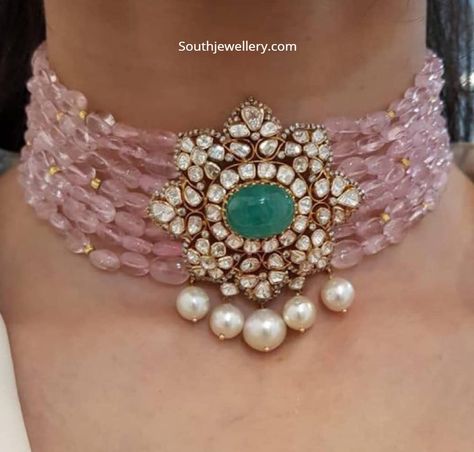 Pink beads choker with polki diamond pendant photo Chokar Pendent, Choker Set Design, Polki Pendants, Polki Pendent, Uncut Jewellery, Diamond Necklace Jewelry, Jewellery Choker, Antique Gold Necklace, Choker Necklace Designs