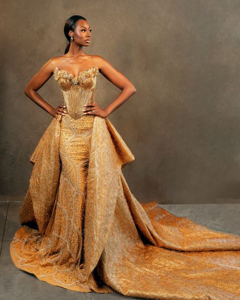 The outfit, the melanin, the moment and the picturesss😍😍 PERFECTION! #jopstudios #wedding #melanin #inspo #gold #weddinginspo Nigerian Prom Dress Gold, Gold African Wedding Dress, Gold Gala Dress, Ghanian Wedding, Nigeria Wedding Dress, Nigerian Wedding Attire, Elegant Long Sleeve Wedding Dresses, African Wedding Dresses, Queen Wedding Dress